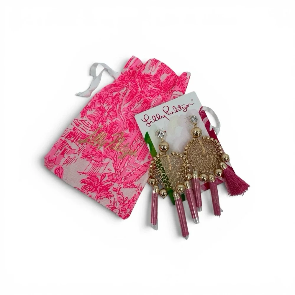 LILLY PULITZER STATEMENT DROP EARRINGS TASSEL SEA DREAMER‎ AURA PINK NEW NWT $58